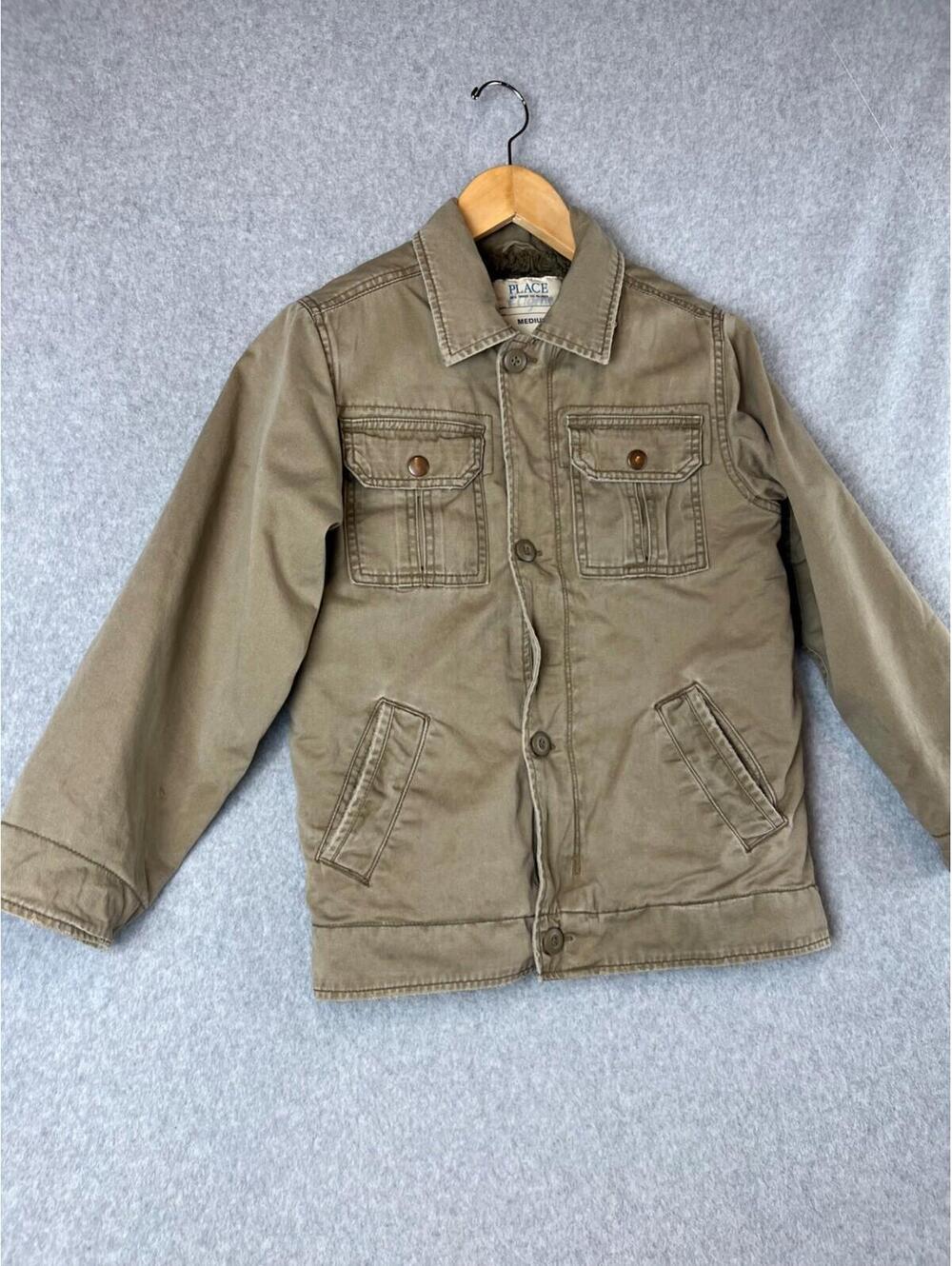 Children's Place utility Jacket Boys Size M Khakis Fur Buttoned Winter Warm - Picture 2 of 12